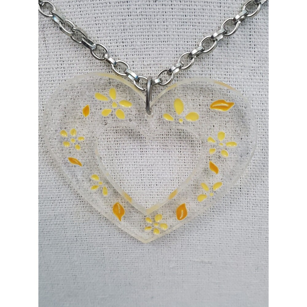 Etched Yellow Floral Heart Textured Open Pendant Necklace Silvertone Chain NWOT